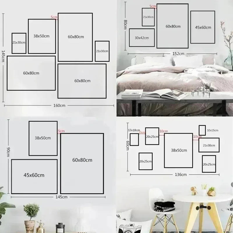 Wall art arrangement with dimensions and a bedroom setting
