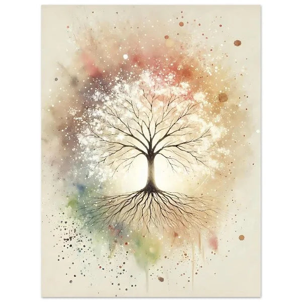 Artistic depiction of a tree with roots and branches against a colorful, abstract background.