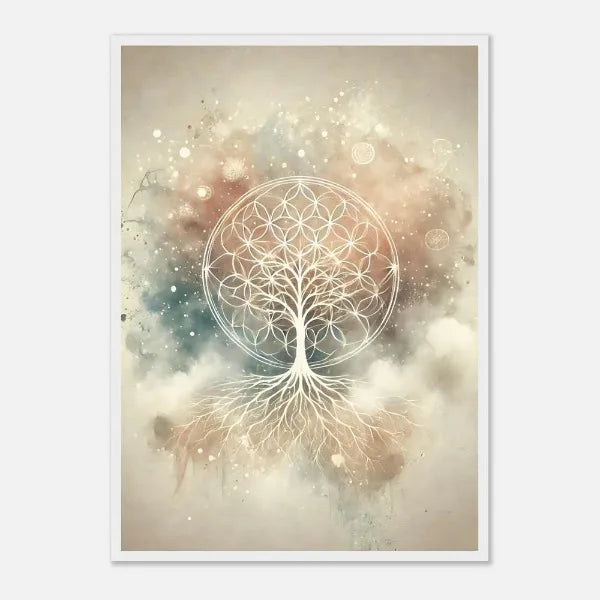 Decorative poster with a white tree of life design on a soft, multicolored background.