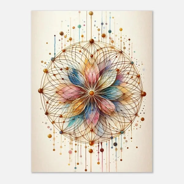 Decorative wall art with a colorful floral design and geometric elements on a beige background
