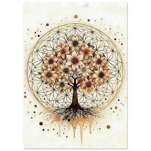 Artistic depiction of a tree with flowers and geometric patterns on a beige background