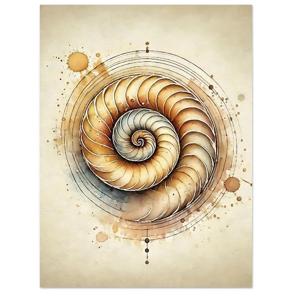 Artistic depiction of a spiral shell with concentric circles on a beige background