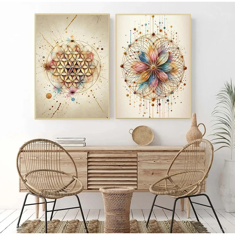 Dining room with wooden table, wicker chairs, and abstract wall art.