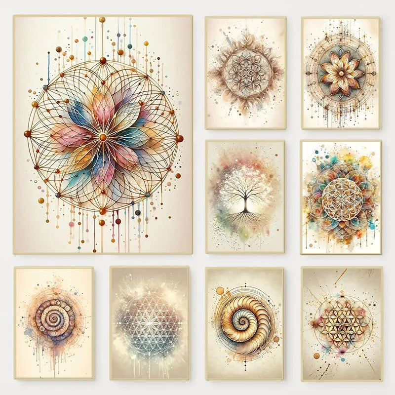 Set of nine framed mandala and abstract art prints on a beige background