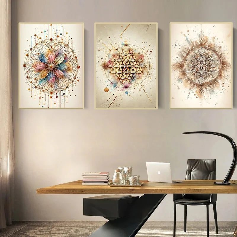 Decorative wall art above a desk in a home office setting