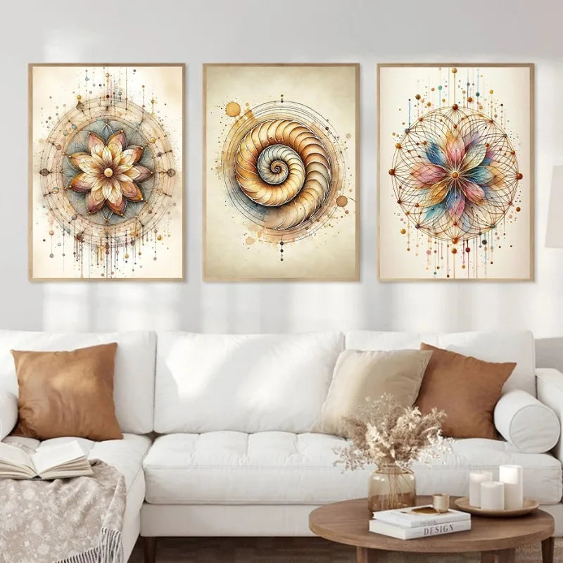 Decorative wall art above a white sofa with a coffee table.