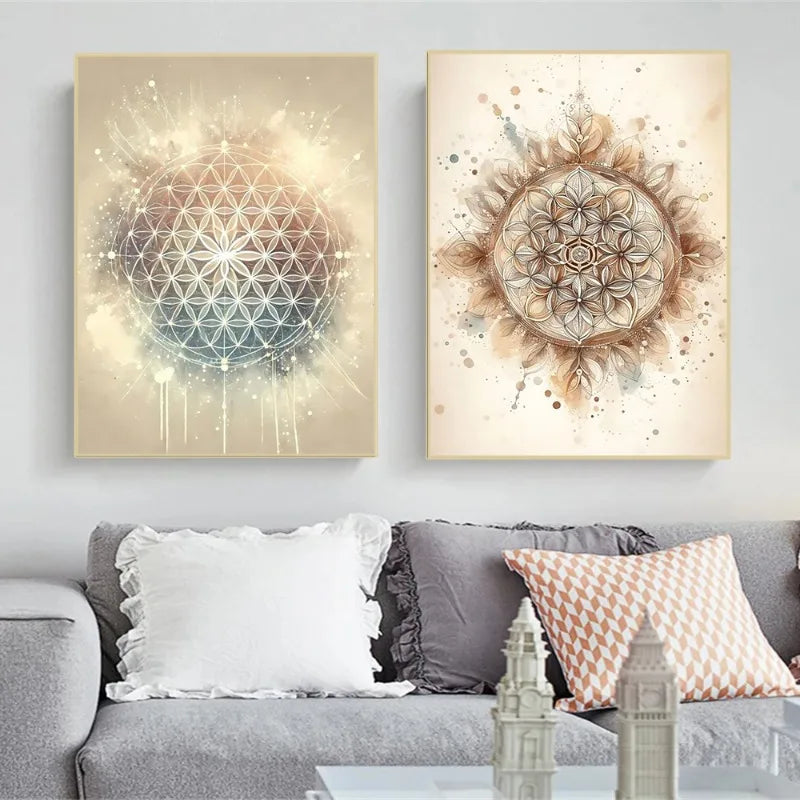 Two abstract wall art pieces on a gray wall above a sofa with decorative pillows.