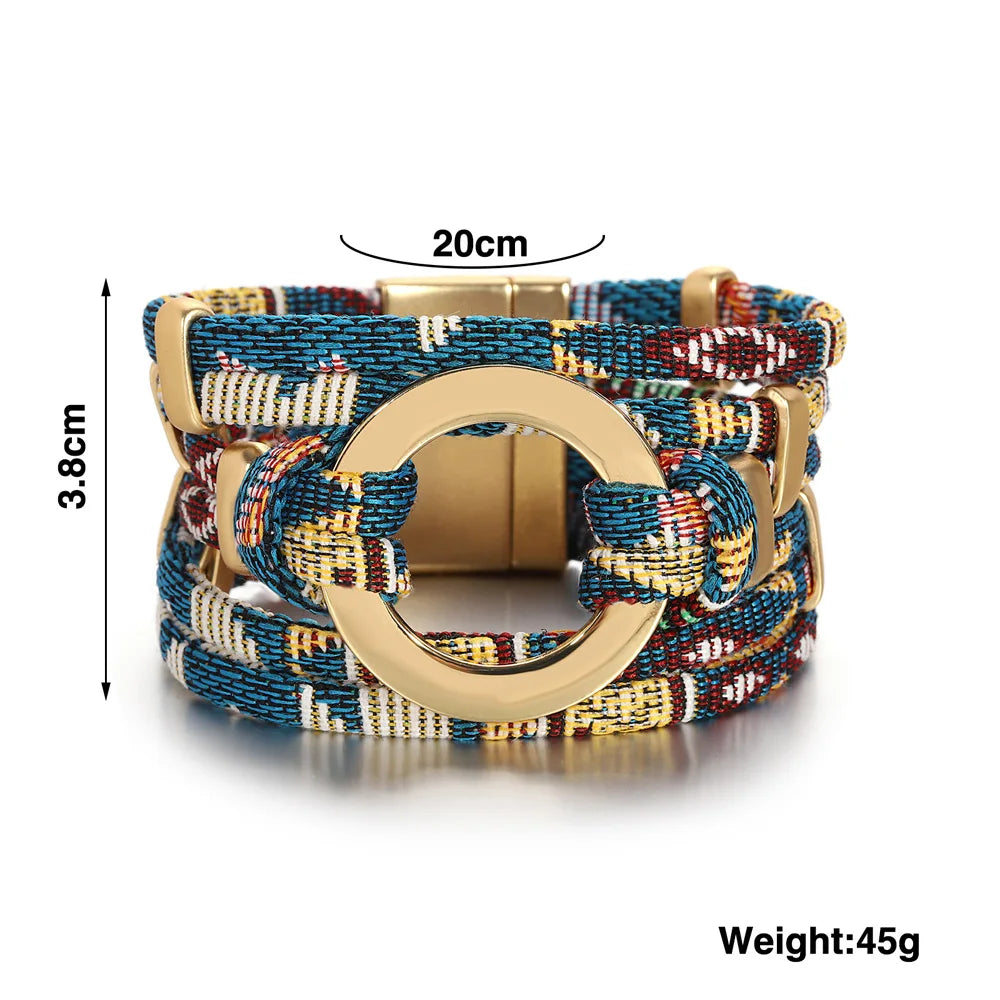Multicolored beaded bracelet with gold circular clasp, shown with measurements and weight on a white background.
