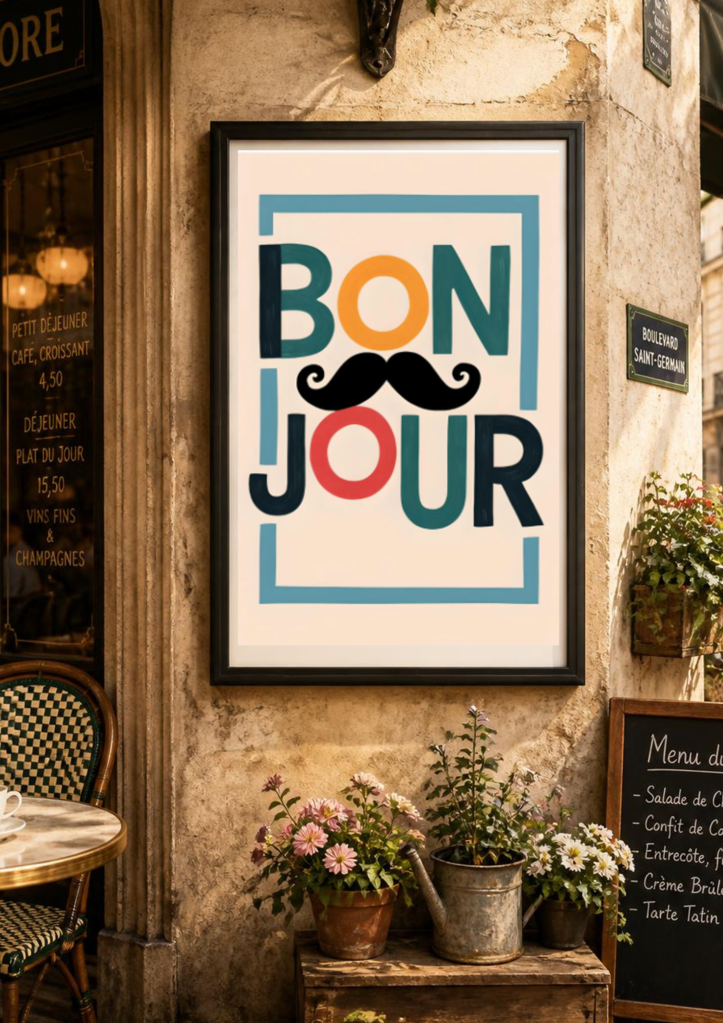 Bonjour French wall art poster displayed on the exterior wall of a traditional Parisian café surrounded by flowers, vintage signage and charming European street décor.