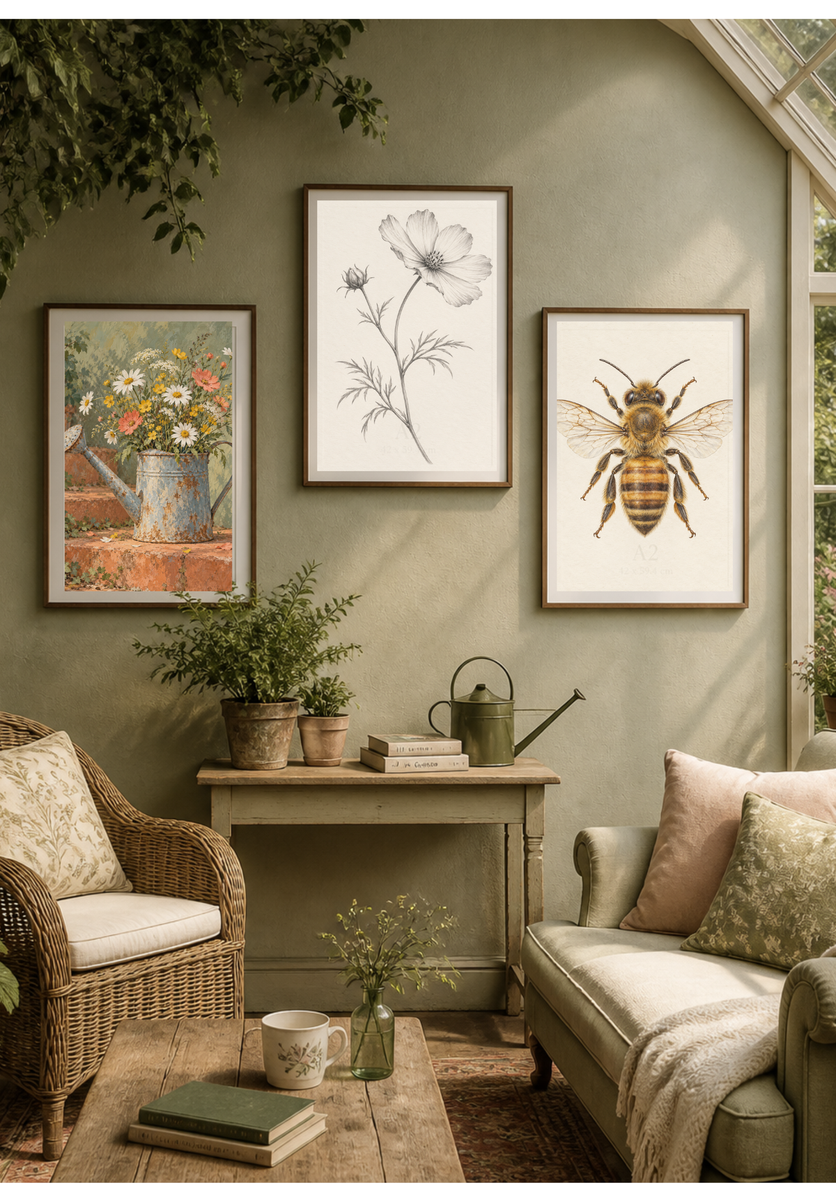 Three framed botanical and nature art prints hang on a sage green wall in a cozy, sunlit living room setting. The prints feature a colorful flower arrangement, a delicate black and white flower sketch, and a detailed illustration of a honeybee.