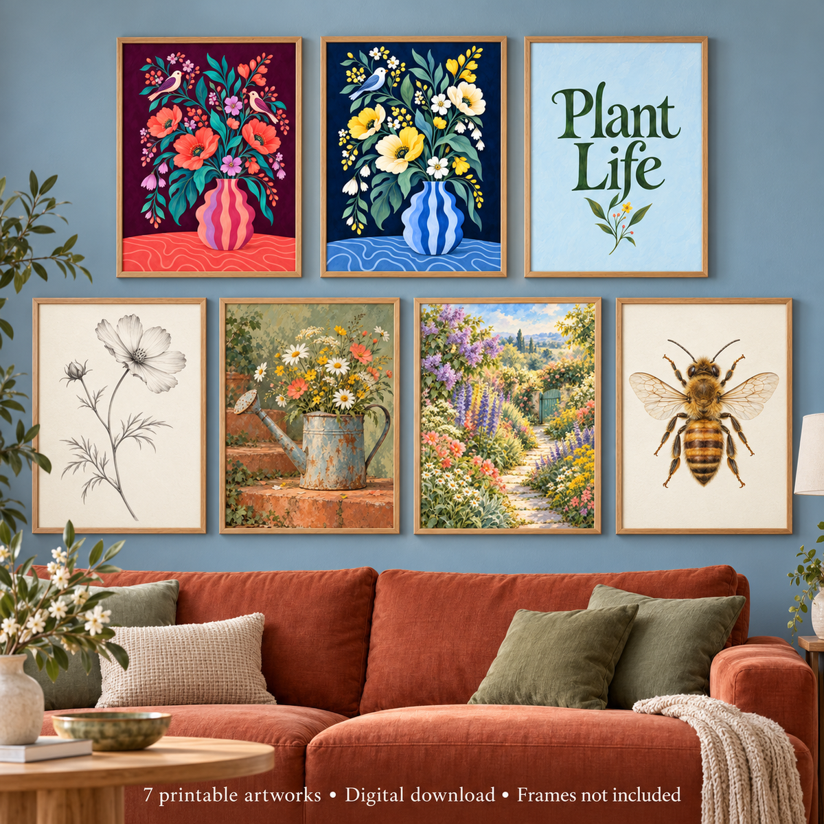 A styled living room wall with seven framed botanical and floral art prints above a rust-colored sofa. The prints include colorful flower bouquets, a light blue panel reading 'Plant Life,' a black-and-white flower sketch, a watering can with flowers, a garden path with flowers, and a bee illustration.