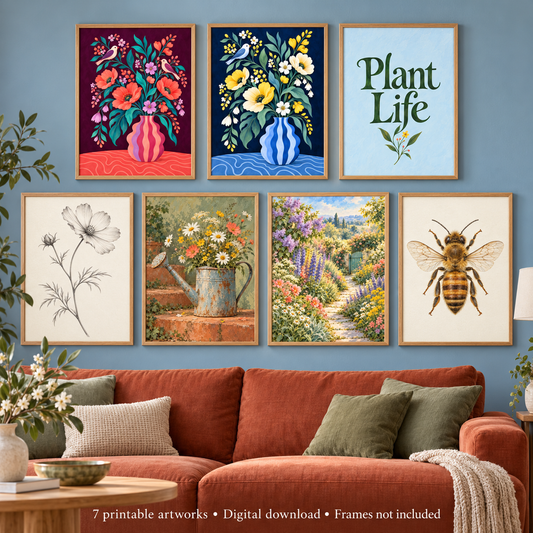 A styled living room wall with seven framed botanical and floral art prints above a rust-colored sofa. The prints include colorful flower bouquets, a light blue panel reading 'Plant Life,' a black-and-white flower sketch, a watering can with flowers, a garden path with flowers, and a bee illustration.