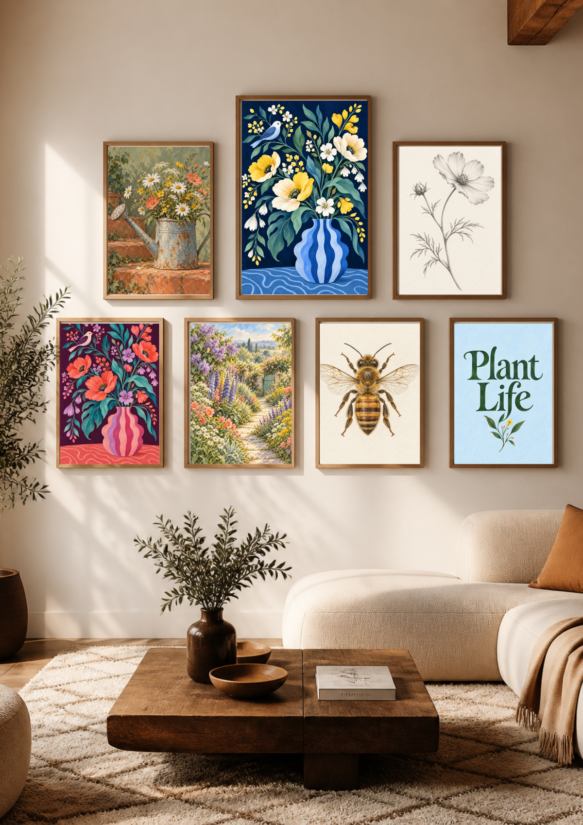 Seven botanical prints in wooden frames on a sage-green wall above a wicker chair and side table, including floral vases, a garden, flower sketch, bee and Plant Life typography.