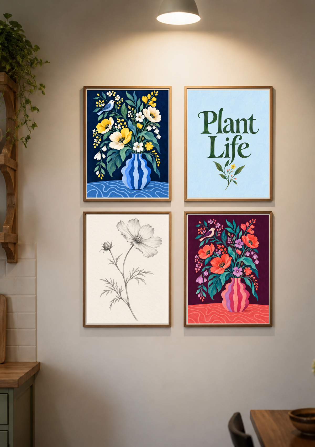 Four framed botanical art prints arranged in a 2x2 grid on a beige wall under a ceiling light. The prints feature colorful floral designs and text including 'Plant Life' on a light blue background, with one monochrome flower sketch on cream.