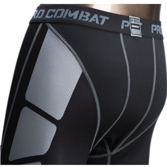 Black and gray compression shorts with 'Pro Combat' branding on a white background