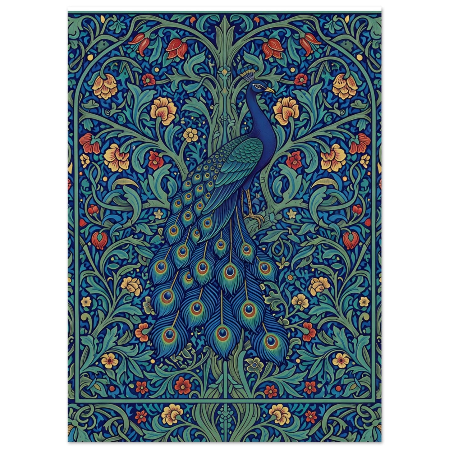 The Enchanted Peacock art print featuring a blue and teal peacock surrounded by intricate jewel-toned flowers and foliage.