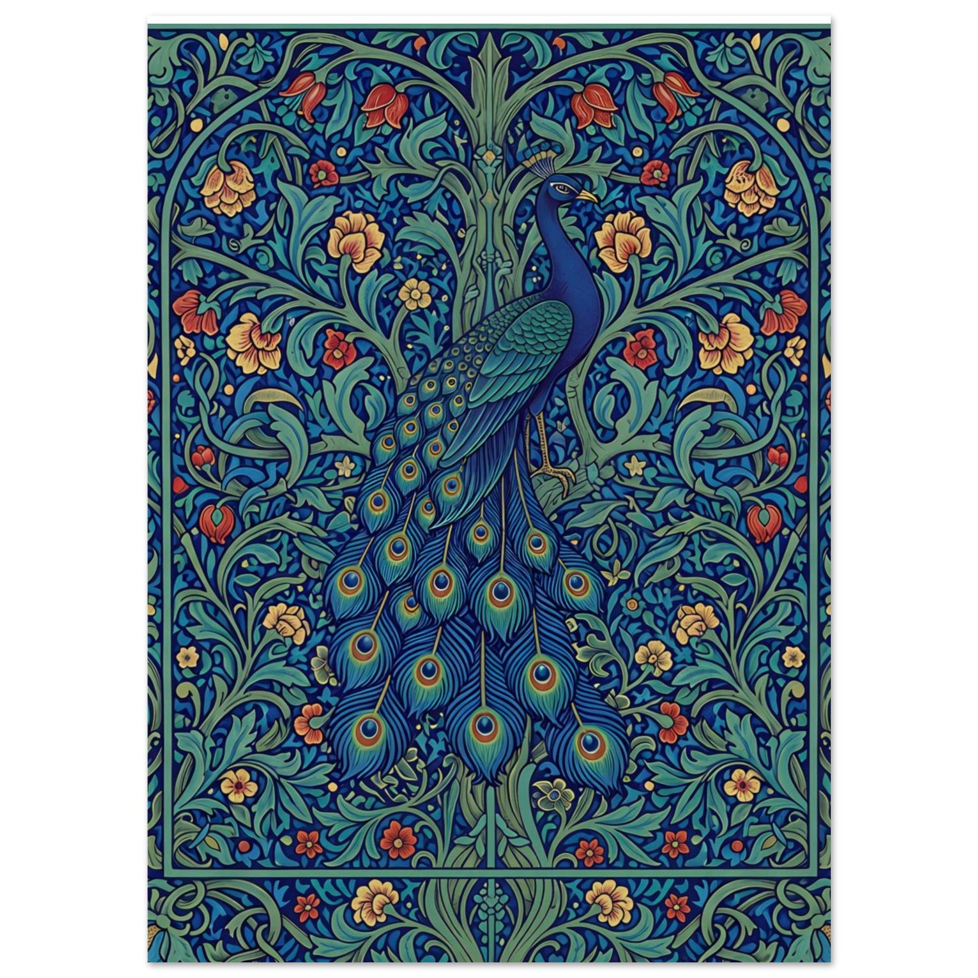 The Enchanted Peacock art print featuring a blue and teal peacock surrounded by intricate jewel-toned flowers and foliage.