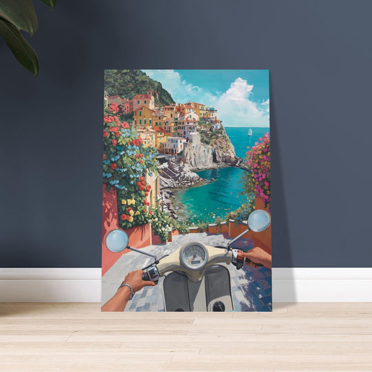 Poster of a coastal scene with a scooter on a dark blue wall.