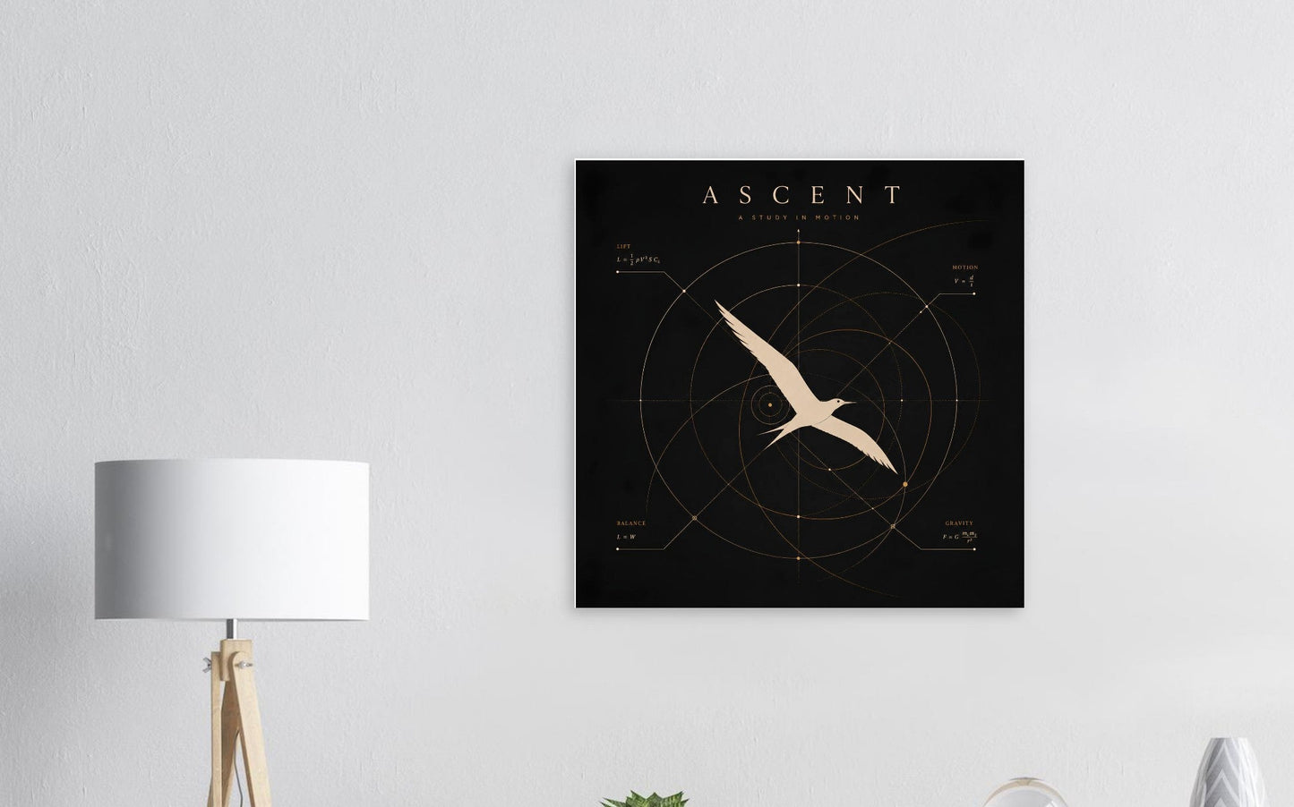 Decorative wall art with a bird design on a black background in a modern interior setting.