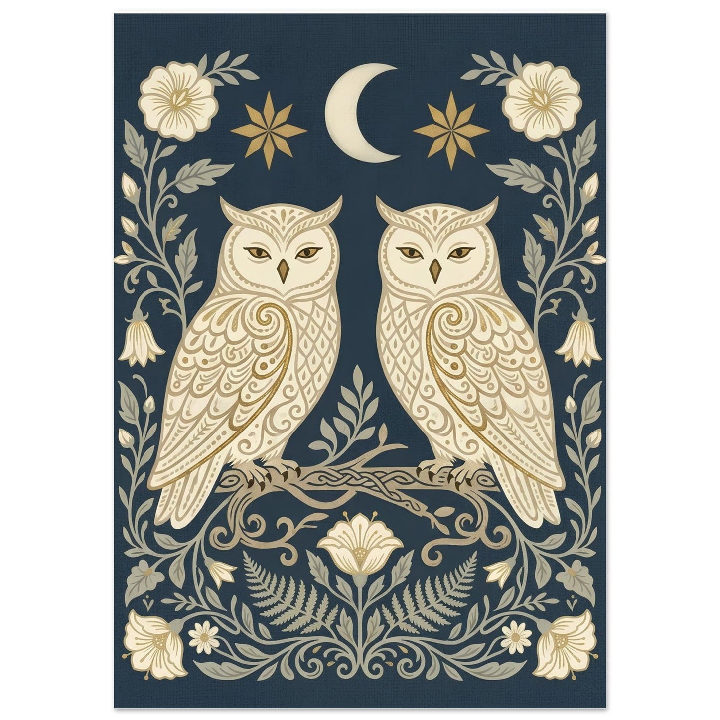 Close-up of Owls & Moonflowers wall art featuring symmetrical cream owls, moonflowers and celestial details on a navy background.
