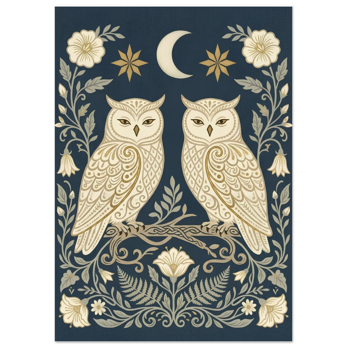 Close-up of Owls & Moonflowers wall art featuring symmetrical cream owls, moonflowers and celestial details on a navy background.