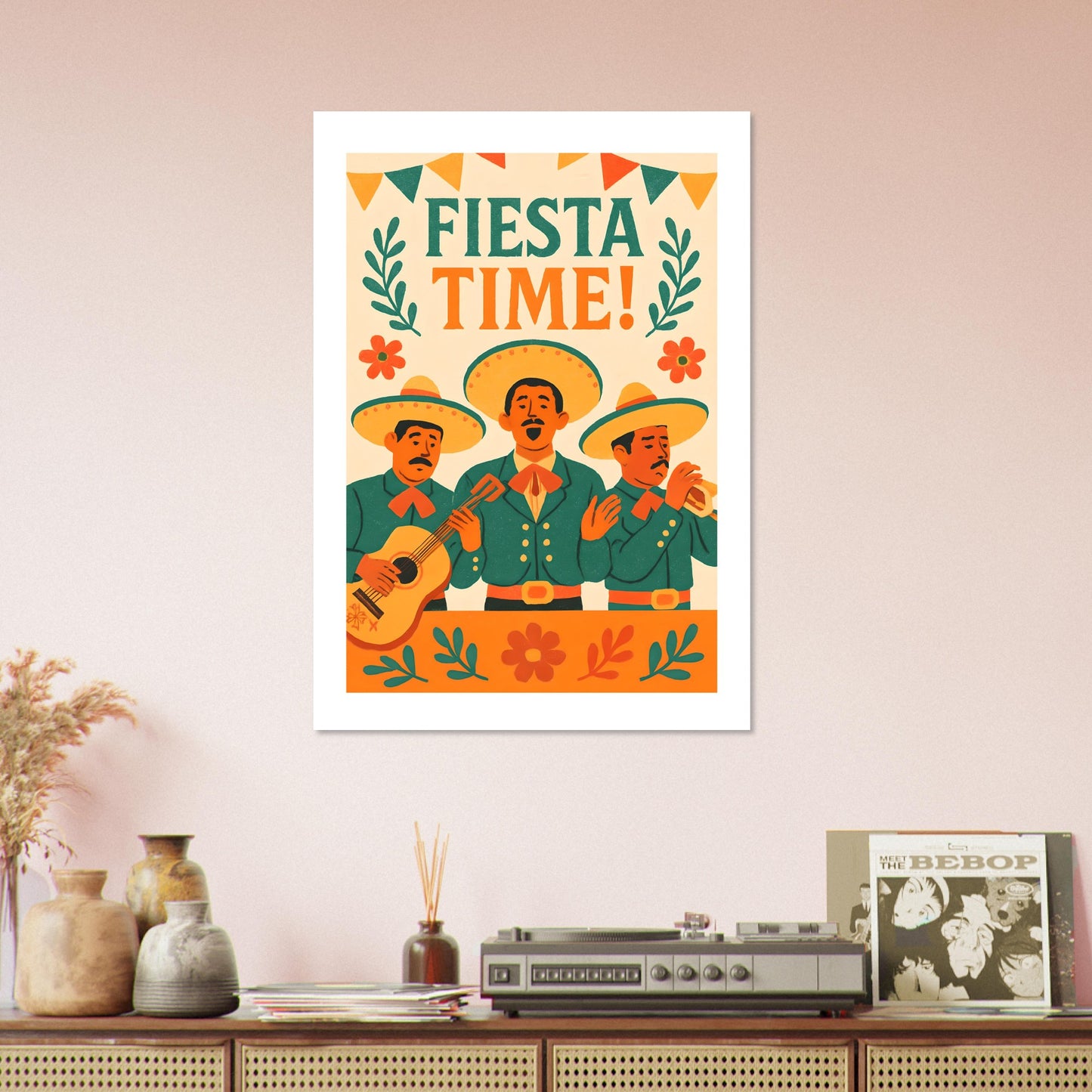 Fiesta Time Poster – Retro Mexican Wall Art – Vintage Mariachi Band Print – Colorful Festival & Cinco de Mayo Home Decor