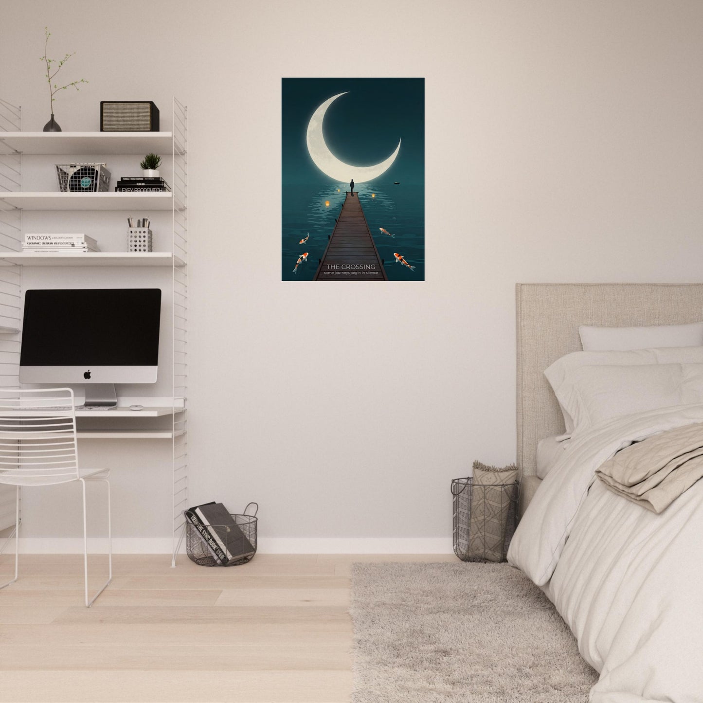 Moon wall art displayed in a minimalist bedroom, showcasing a solitary figure standing on a pier beneath an oversized crescent moon.
