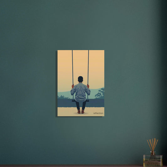 Reflection minimalist swing poster artwork showing man sitting on swing facing landscape