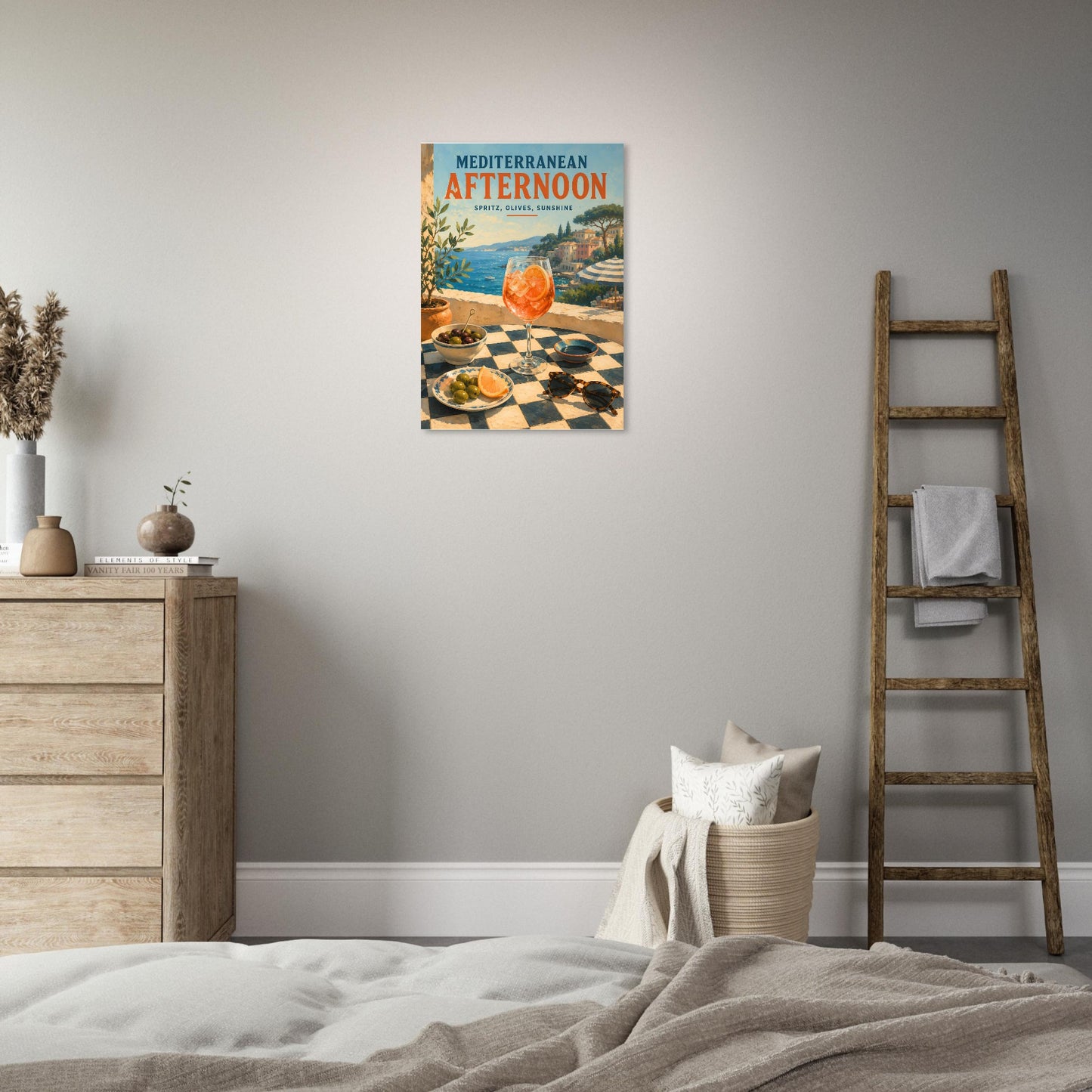 Mediterranean Afternoon poster displayed above a bed in a calm neutral bedroom
