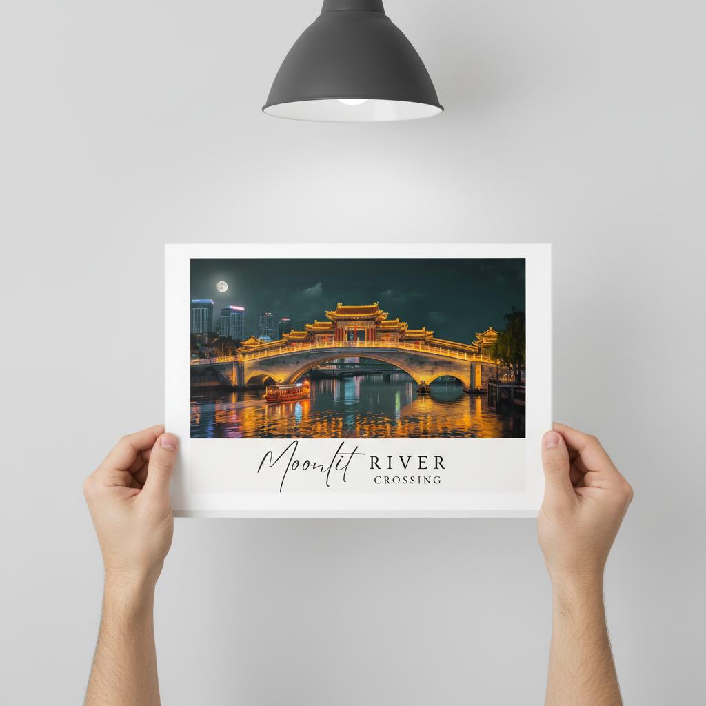 Poster of a bridge over a river with city skyline at night, held up against a light gray wall.