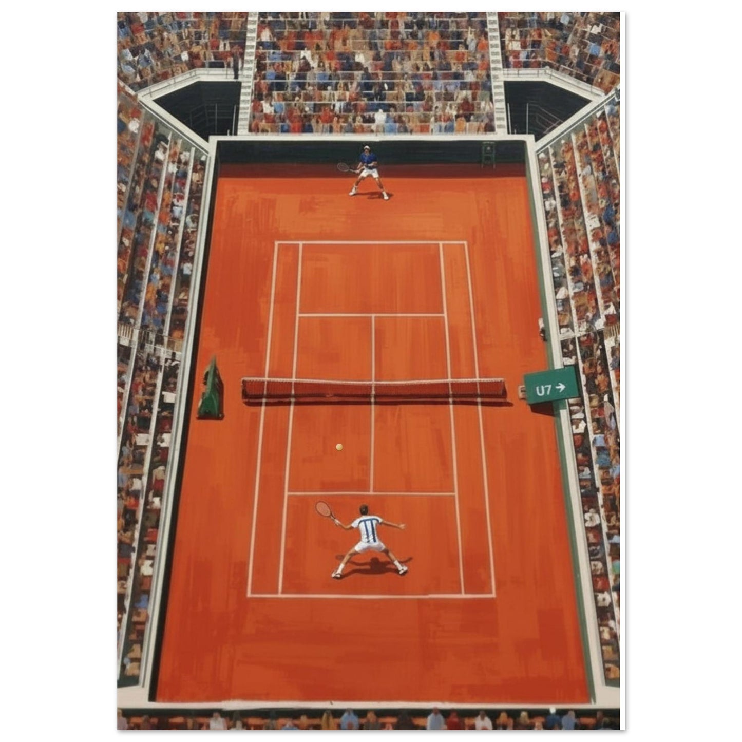 Poster of a tennis match on a red court with spectators in the stands.