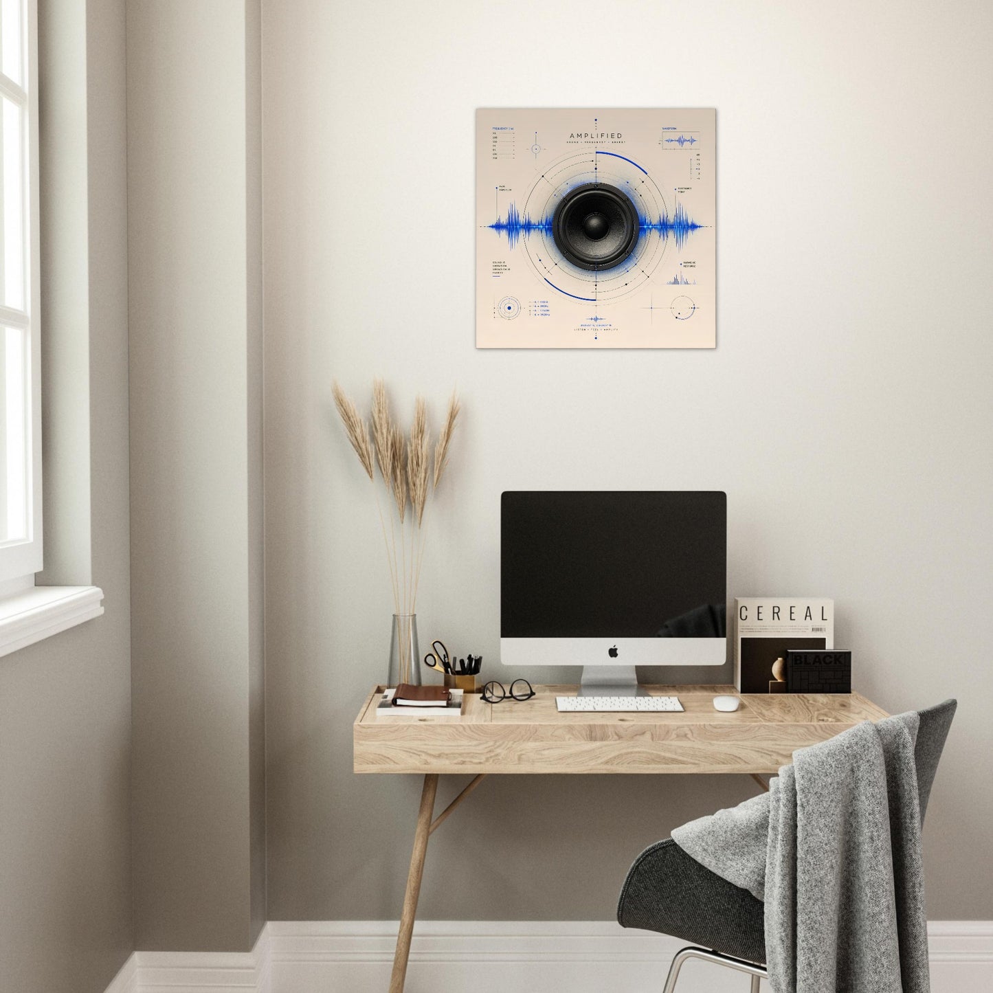 Amplified acoustic wall art displayed above a minimalist home office desk, adding modern scientific-inspired décor to the workspace.