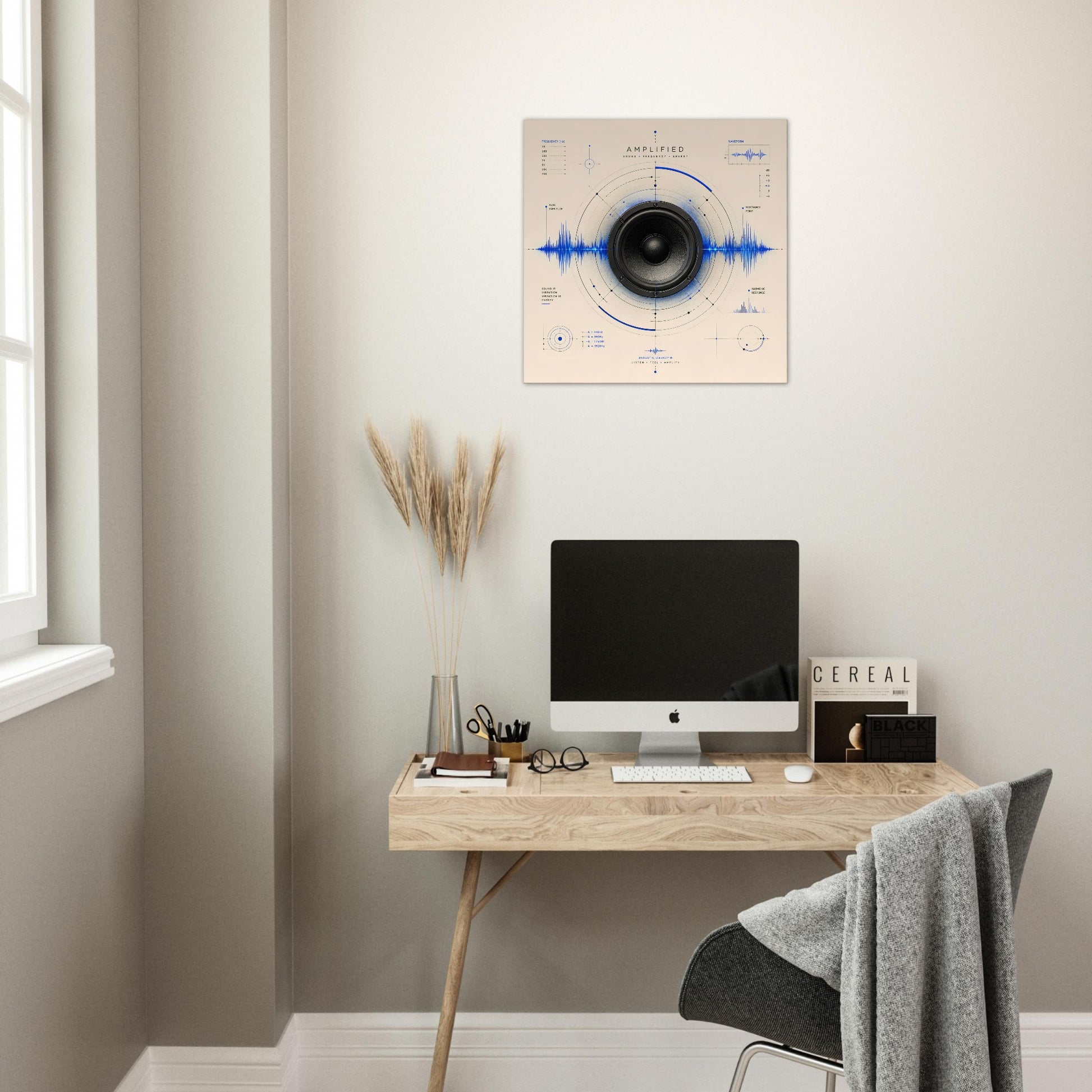Amplified acoustic wall art displayed above a minimalist home office desk, adding modern scientific-inspired décor to the workspace.