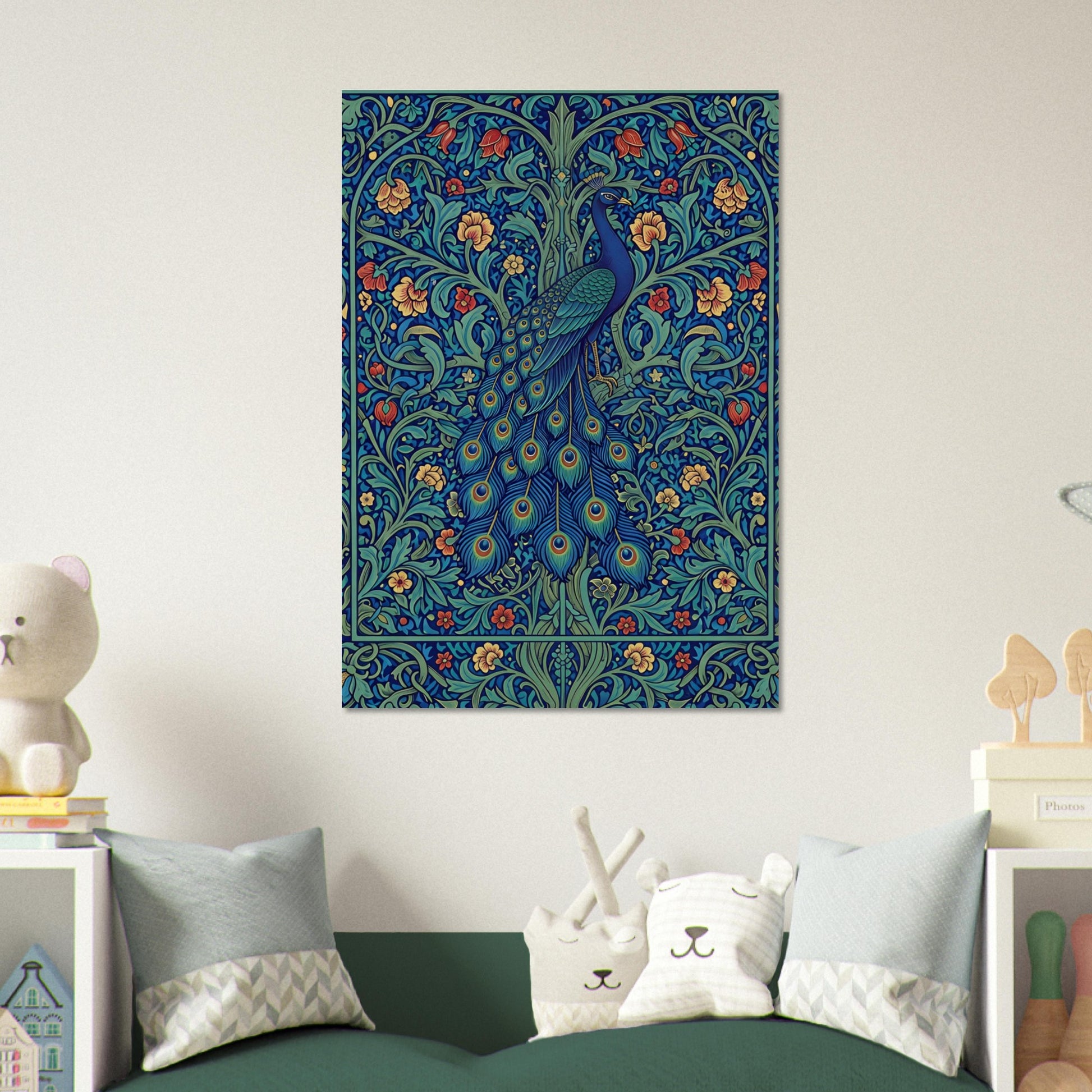 Botanical peacock wall art displayed above a sofa in a bright contemporary living room with soft neutral furnishings.