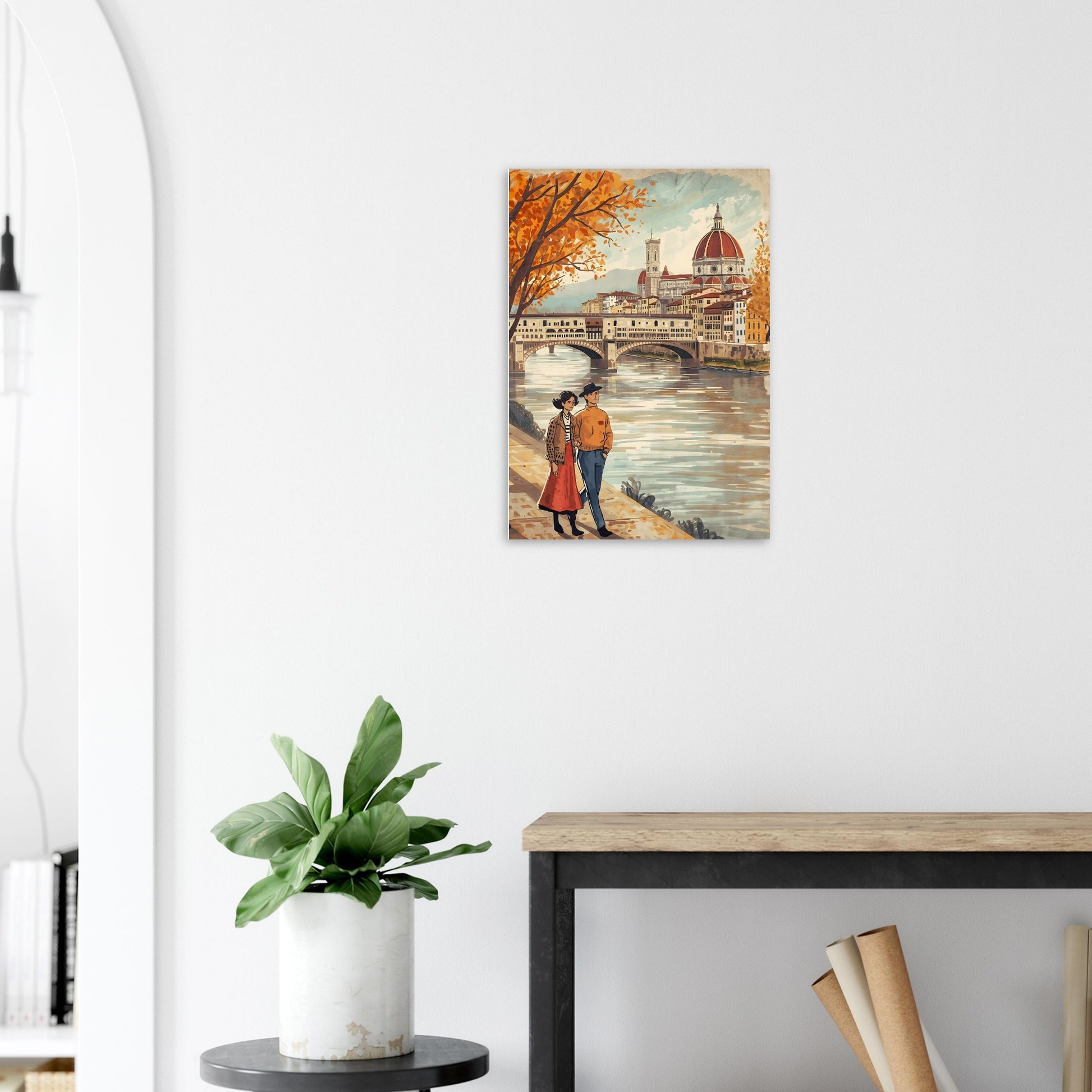 Florence folk art wall print featuring a couple walking beside the Arno River with the Duomo skyline in warm autumn tones