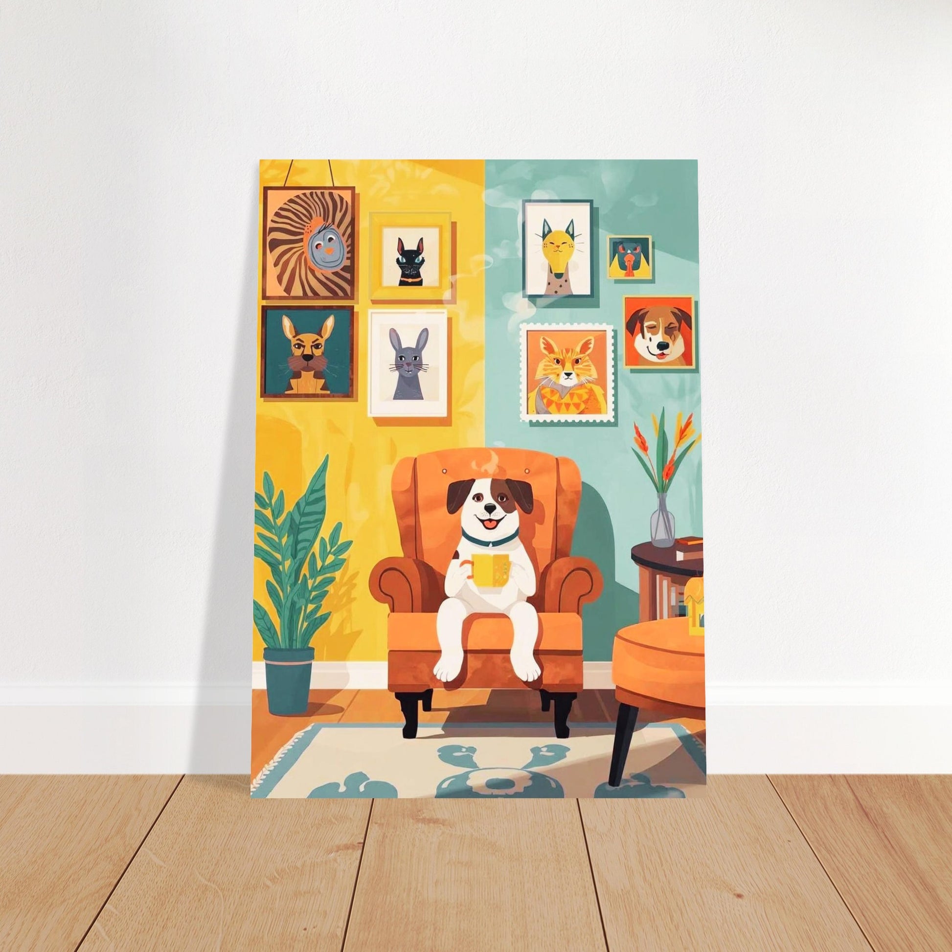 Illustration of a dog sitting on an armchair with framed animal portraits on the wall.