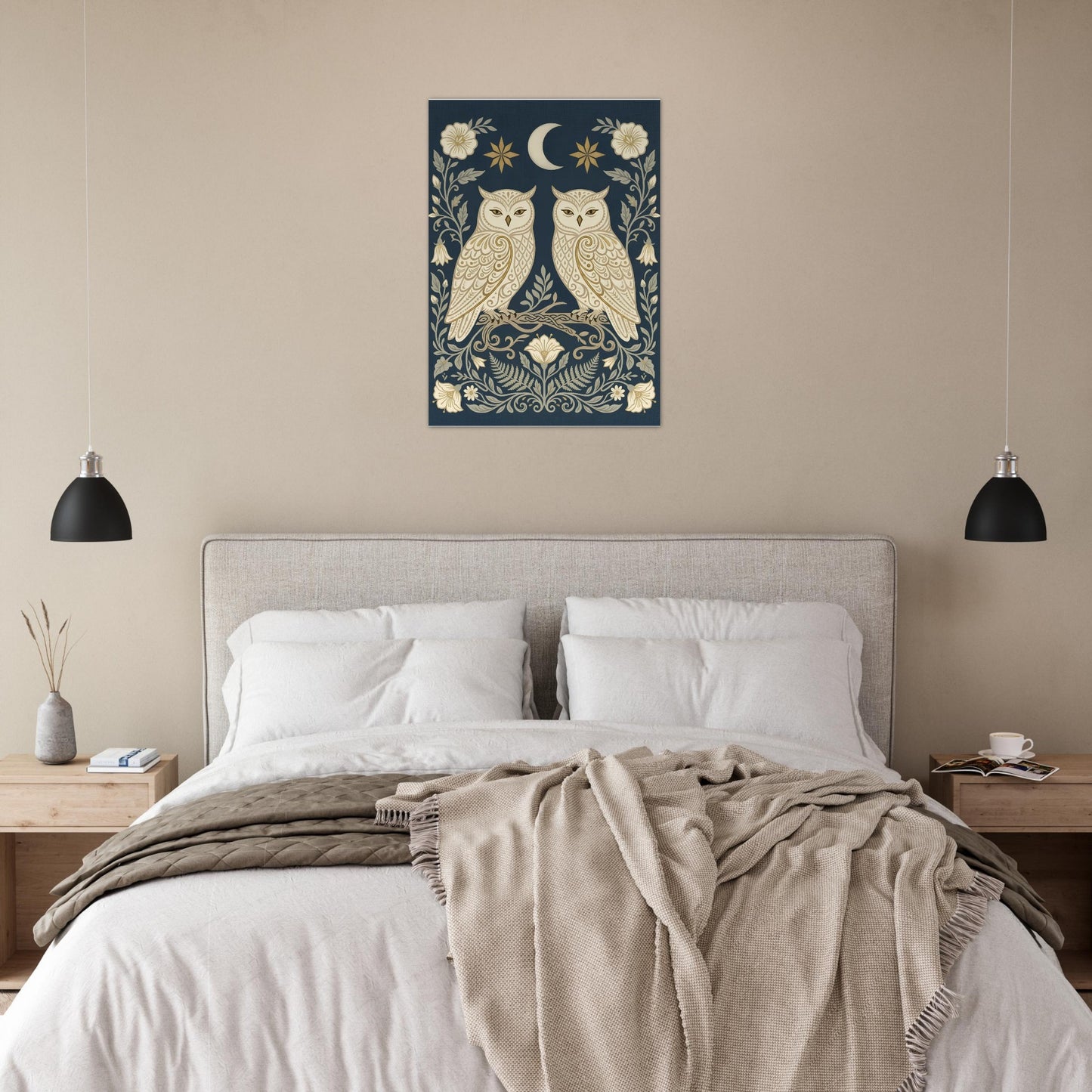 Owls & Moonflowers woodland wall art displayed above a bed in a modern bedroom with soft neutral décor.