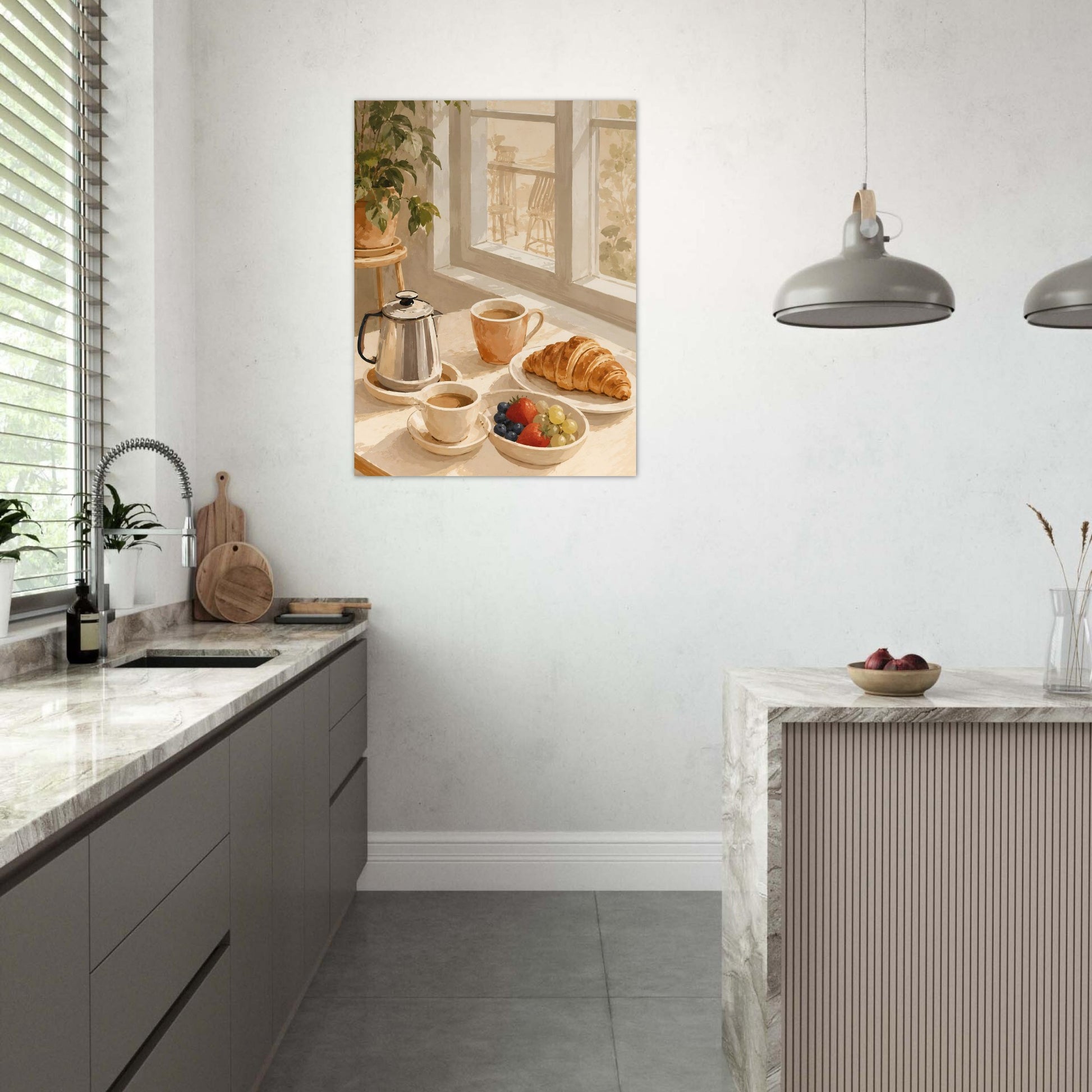 Framed Breakfast coffee canvas print displayed in modern concrete kitchen with warm wood finishes