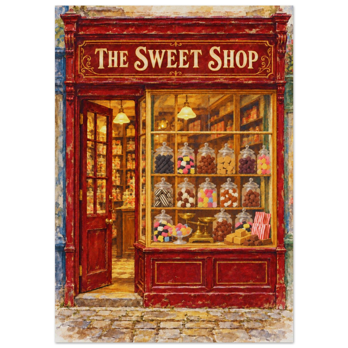 A square art print depicting a vintage candy shop storefront with the sign 'THE SWEET SHOP' in cream lettering on a dark red facade. The window displays glass jars filled with colorful candies, and the scene is set on a cobblestone street.