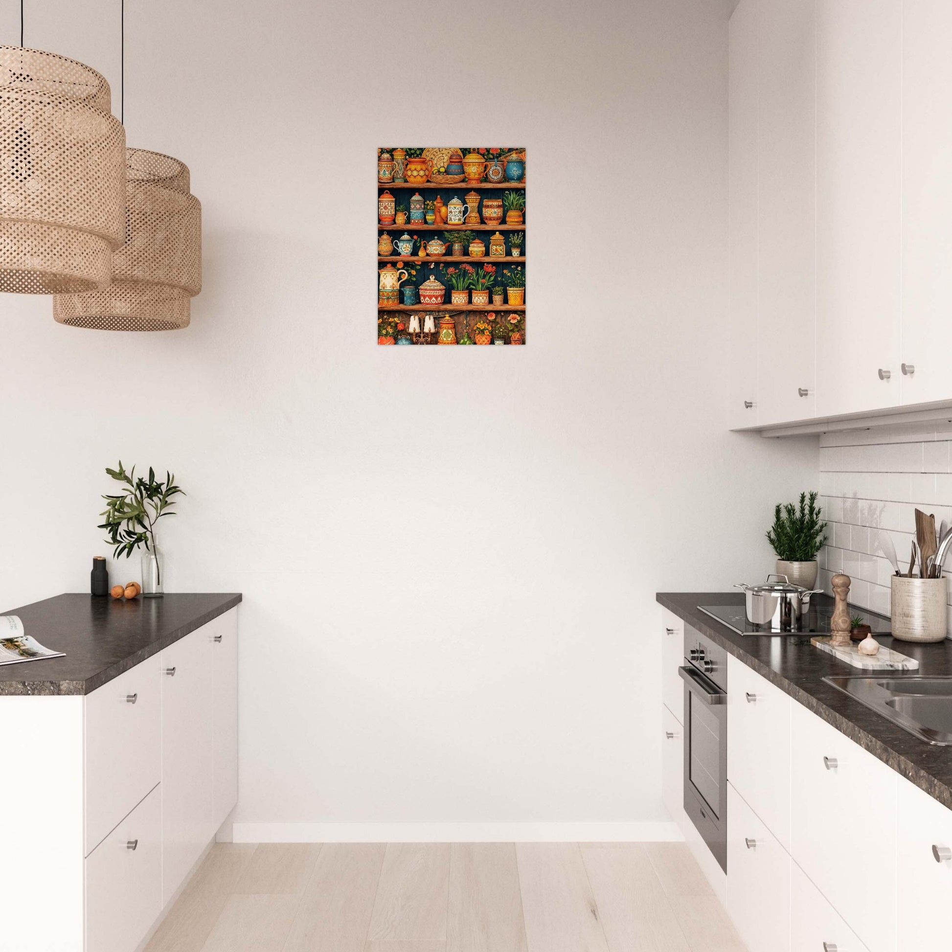 Modern kitchen with black countertops and white cabinets, featuring a decorative wall art of colorful teapots.