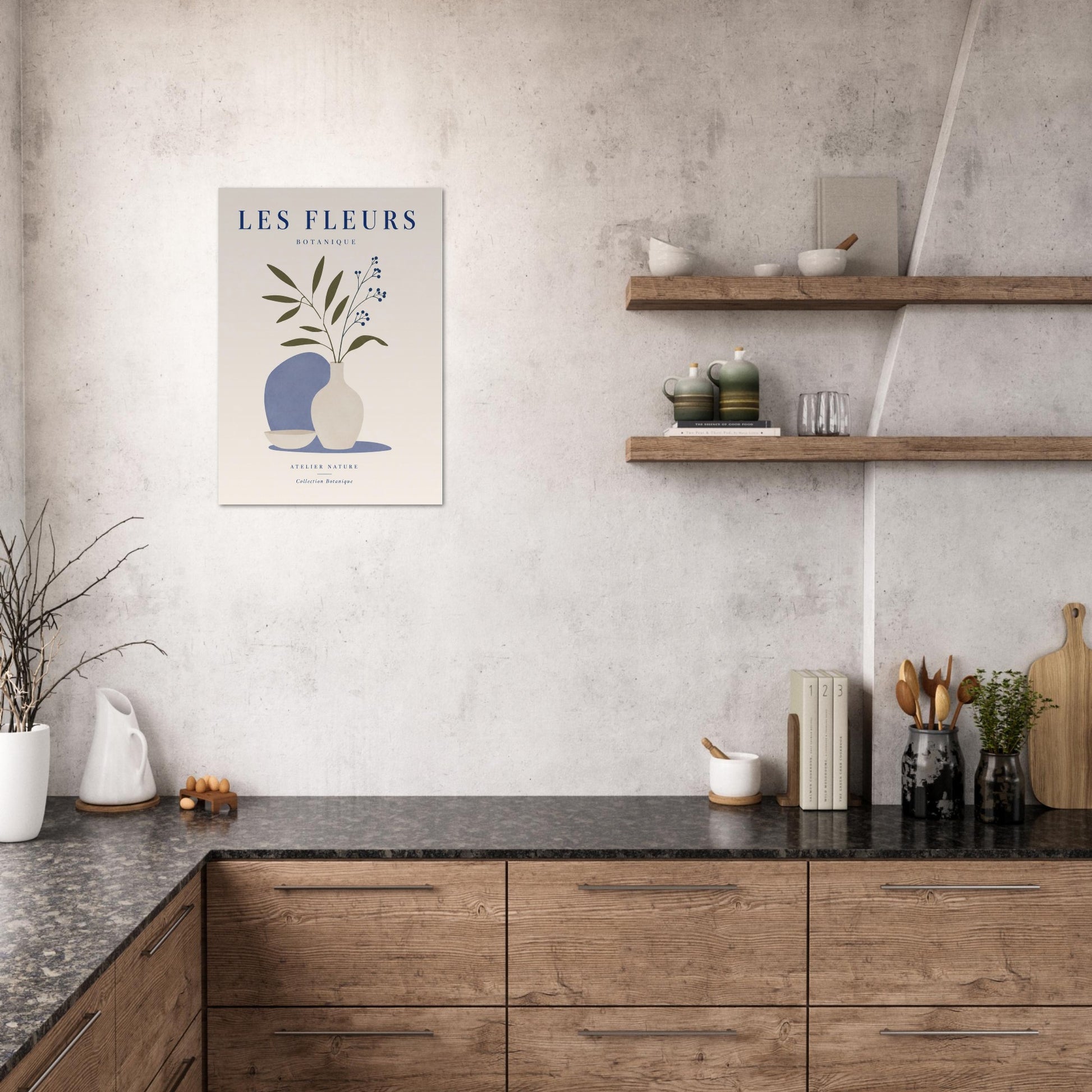 Les Fleurs botanical poster styled in modern grey kitchen with Scandinavian decor