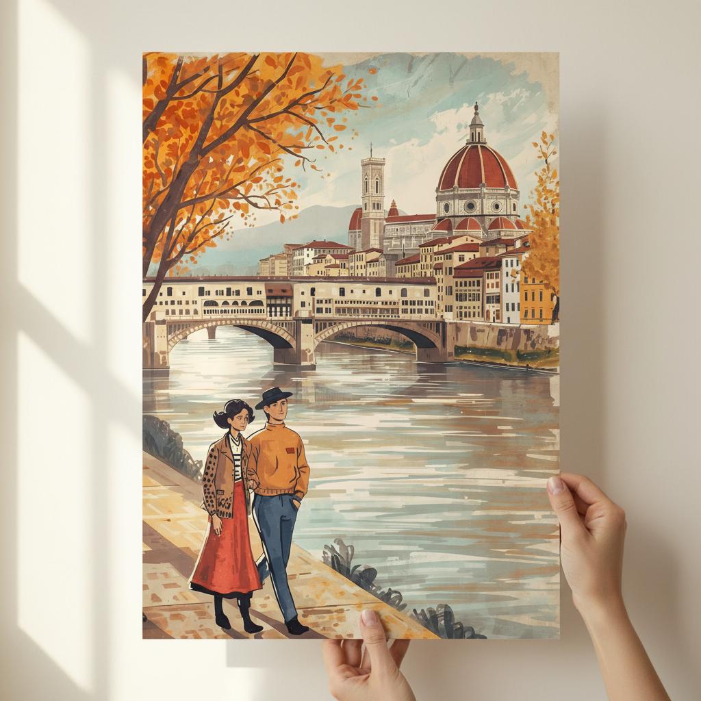 Florence folk art wall print featuring a couple walking beside the Arno River with the Duomo skyline in warm autumn tones