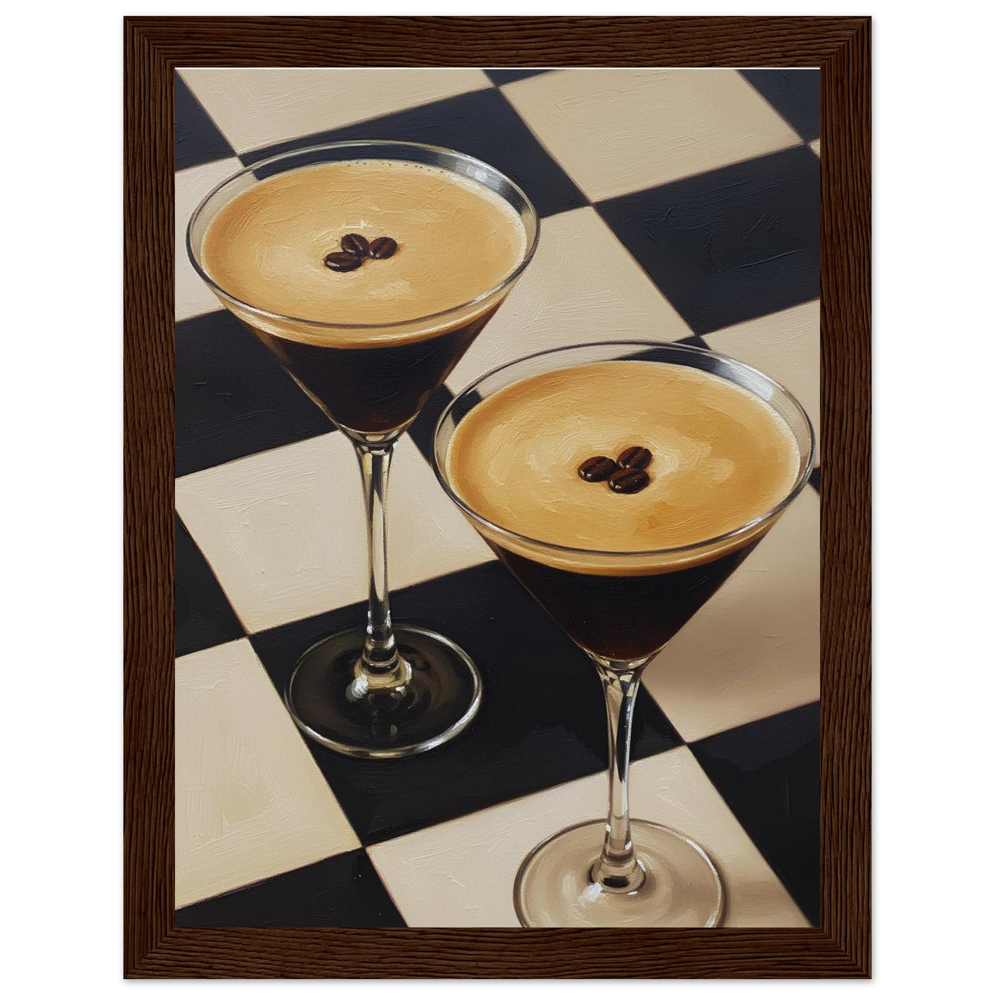 Framed Espresso Martini print featuring two classic cocktails with rich coffee tones and a geometric checkerboard pattern.