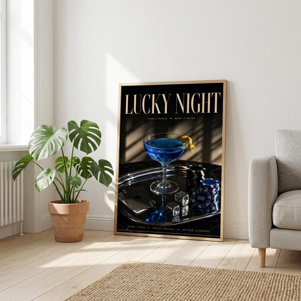 LUCKY NIGHT lounge wall art styled in bright minimalist interior with neutral decor and indoor plants