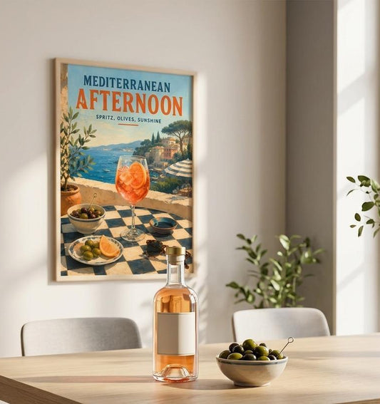 Mediterranean Afternoon coastal wall art displayed above a dining table in a bright modern interior