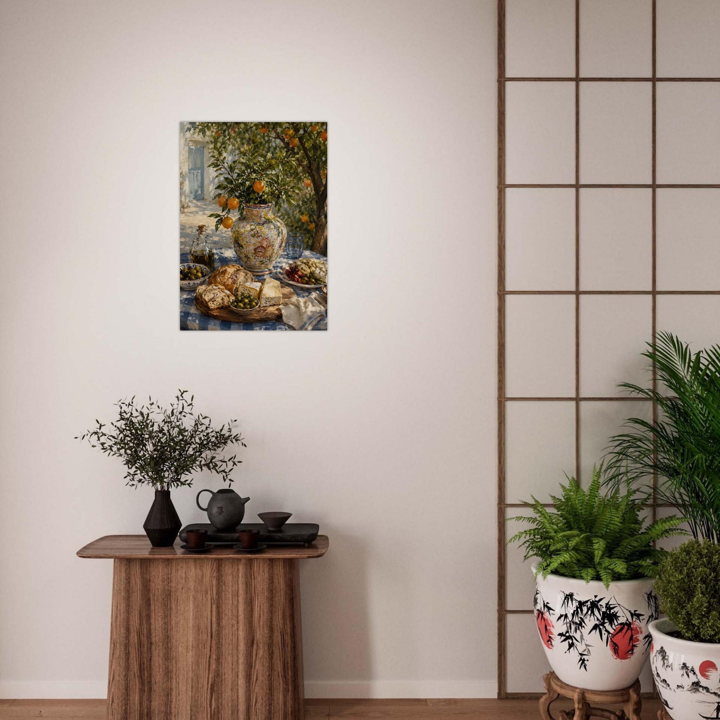 Mediterranean citrus wall art displayed above wooden console table in Japandi-inspired interior