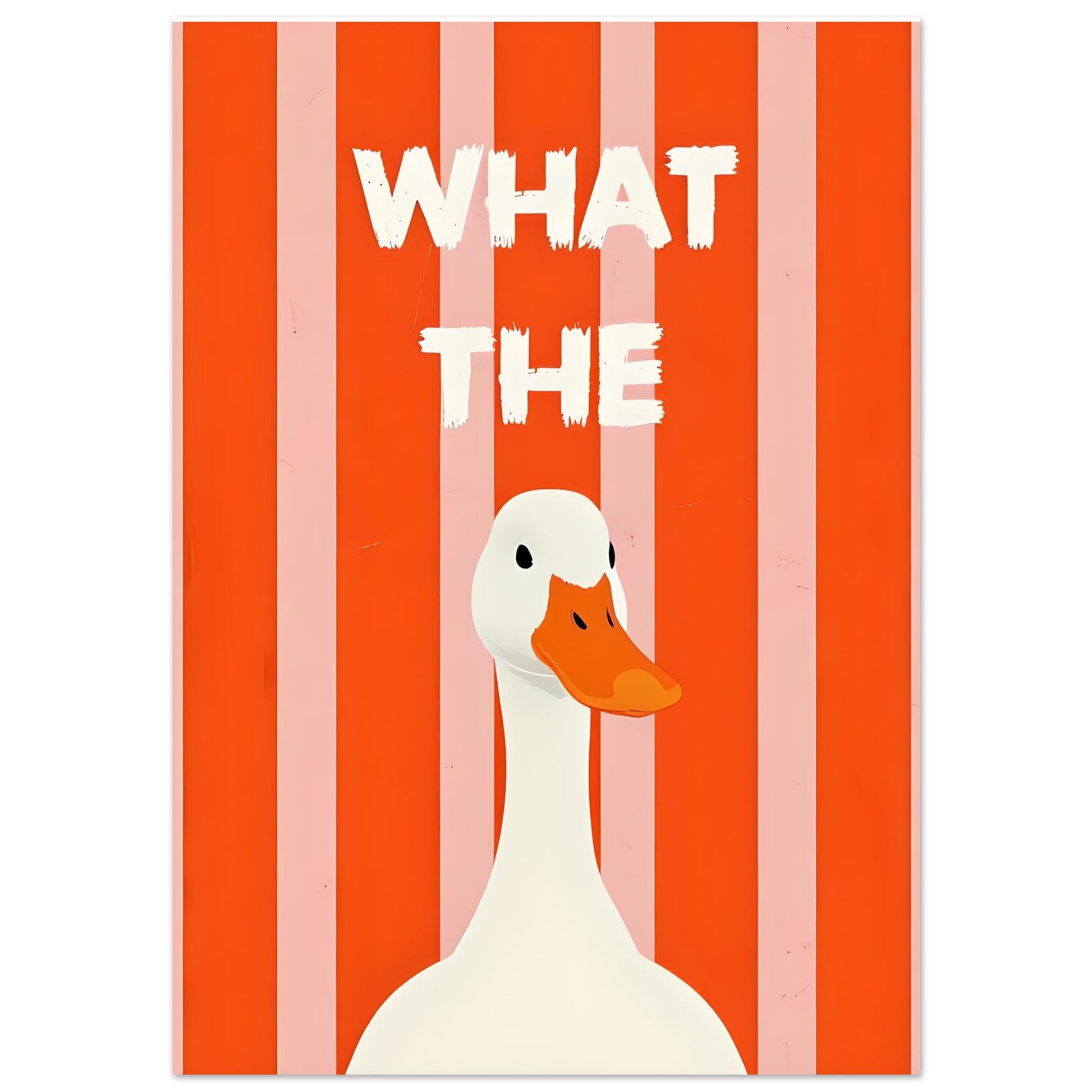 Cartoon duck with 'WHAT THE' text on a striped background