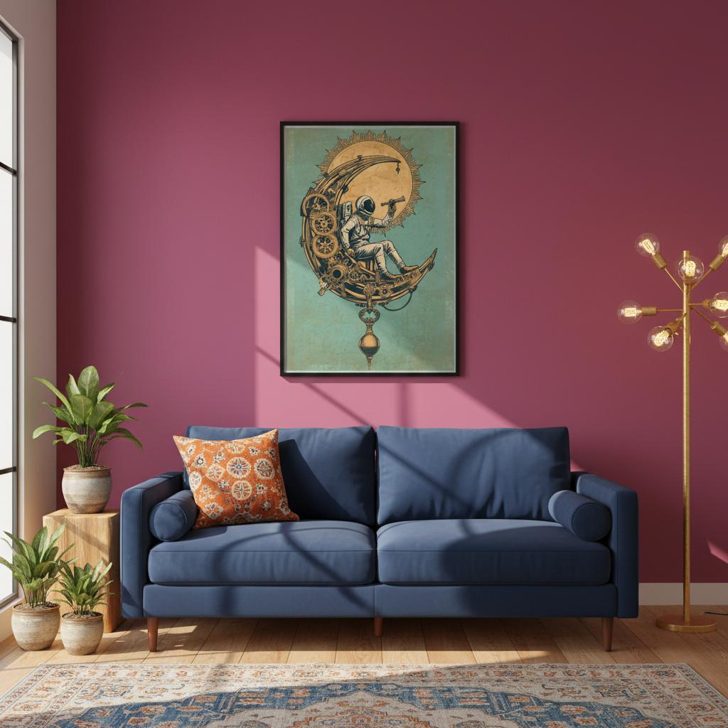 Steampunk astronaut wall art featuring an astronaut sitting on a mechanical crescent moon with gears and a celestial sun on a vintage teal background.