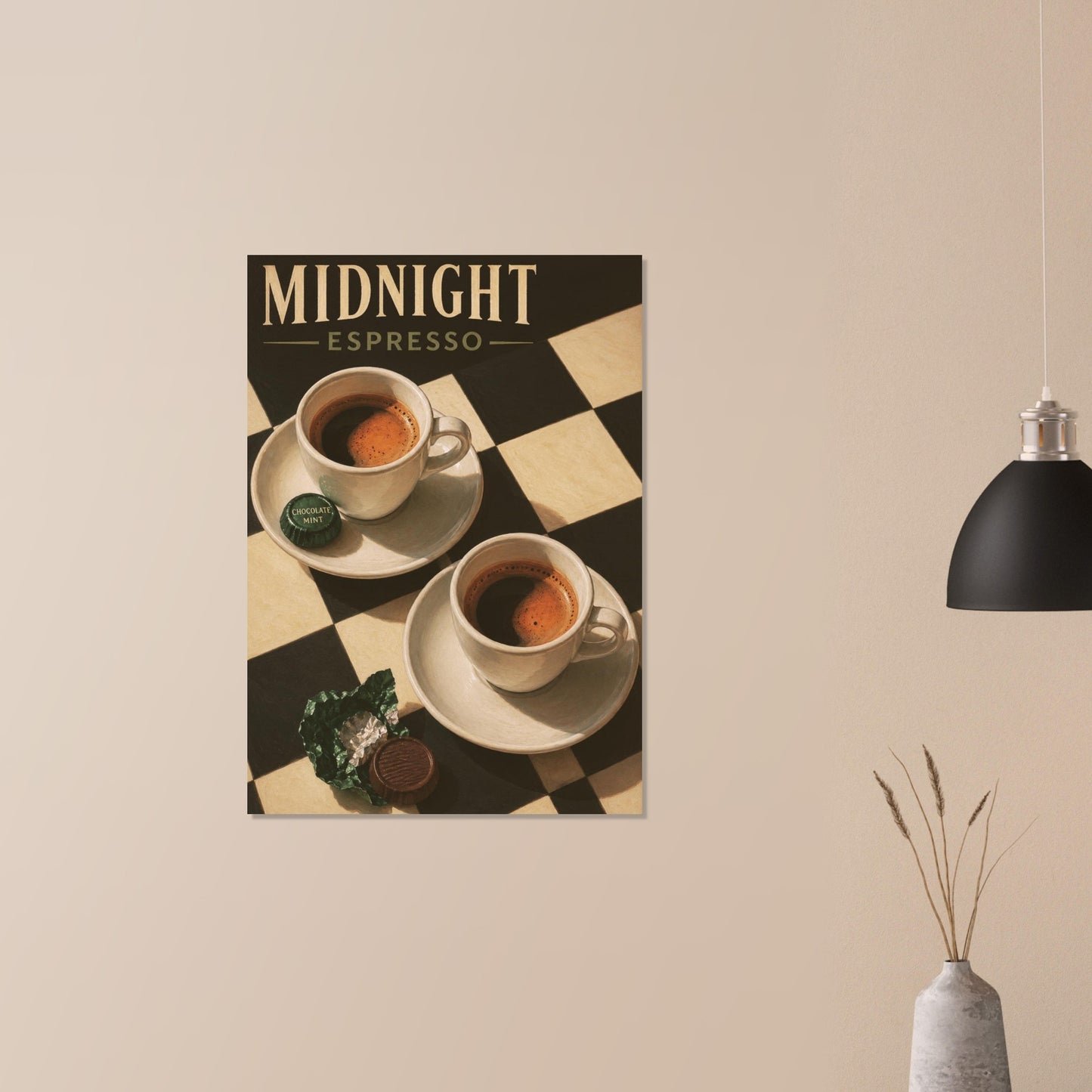 Midnight Espresso poster displayed on a warm beige wall with simple modern home decor.