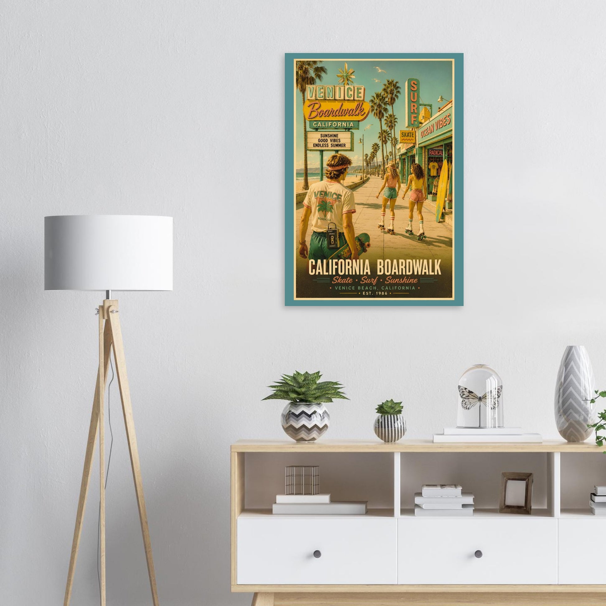 Poster of a beach scene on a wall above a shelf with decor items.